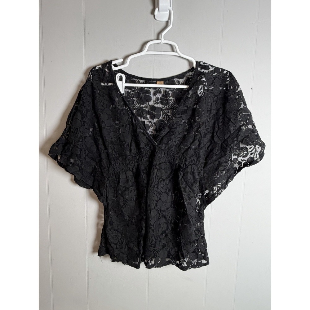 Black Sheer Lace Embroidered Blouse Women's Medium